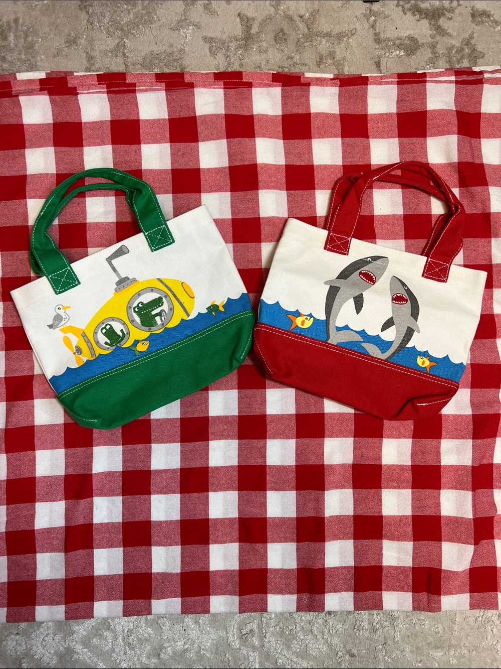 Pottery Barn Kids Set of 2 Red & Green Nautical Canvas Mini Totes. NWOT